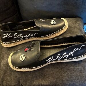 Karl Lagerfeld Black Leather Espadrille Slip-Ons with Metal Pins
